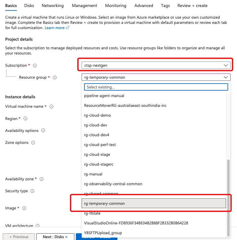 Subscription and Resource group